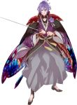  armor blue_eyes cape flower full_body hakama highres homerun_ken japanese_armor japanese_clothes kasen_kanesada katana kiwame_(touken_ranbu) male_focus off_shoulder purple_hair solo sword touken_ranbu transparent_background weapon 