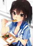  1girl bangs blush breasts brown_eyes brown_hair chopsticks eating employee_uniform eyebrows_visible_through_hair eyelashes fingernails food holding holding_chopsticks holding_food indoors kantai_collection koruri lawson long_hair looking_at_viewer name_tag obentou open_clothes open_shirt rice sendai_(kantai_collection) shirt shorts sideboob solo striped striped_shirt sweat twitter_username two_side_up uniform vertical-striped_shirt vertical_stripes 