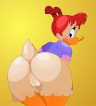  2016 absurd_res anthro anus avian beak bent_over big_butt bird blue_eyes blush butt butt_focus clitoris clothing darkwing_duck disney dress duck ducktits feathers female gosalyn_mallard gradient_background hair hairband hi_res legs_together looking_back pussy rear_view red_hair short_dress short_hair simple_background solo standing tail_feathers white_feathers 