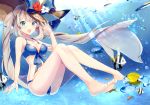  :d air_bubble ameshizuku_natsuki arm_up bangs bare_legs bare_shoulders barefoot bikini blue_bikini blue_bow blush bow breasts brown_hat bubble cleavage commentary_request day eyebrows_visible_through_hair fate/grand_order fate_(series) fish fish_request flower front-tie_bikini front-tie_top green_eyes hat hat_bow long_hair looking_at_viewer marie_antoinette_(fate/grand_order) medium_breasts open_mouth outdoors red_flower silver_hair smile solo striped striped_bow swimsuit twintails underwater very_long_hair water white_flower 