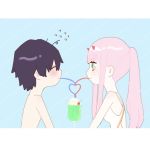 1girl bangs bare_shoulders black_hair blush closed_eyes commentary couple crazy_straw cup darling_in_the_franxx difxx_pcc drink drinking drinking_straw eyebrows_visible_through_hair green_eyes hair_ornament hairband heart_straw hetero highres hiro_(darling_in_the_franxx) horns long_hair looking_at_another oni_horns pink_hair ponytail red_horns sharing_food shirtless swimsuit symbol_commentary white_hairband white_swimsuit zero_two_(darling_in_the_franxx) 