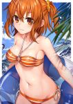  bangs bare_shoulders bikini blue_sky blush breasts brilliant_summer cleavage closed_mouth cloud collarbone day eyebrows_visible_through_hair fate/grand_order fate_(series) fujimaru_ritsuka_(female) hair_between_eyes hair_ornament hair_scrunchie highres innertube looking_at_viewer medium_breasts navel o-ring o-ring_bikini o-ring_top orange_bikini orange_eyes orange_hair outdoors scrunchie short_hair shuutou_haruka side-tie_bikini side_ponytail sky smile solo striped striped_bikini swimsuit water wet 