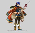  1boy armor blue_eyes blue_hair cape fire_emblem fire_emblem:_souen_no_kiseki fire_emblem_heroes flower full_body gloves headband ike jacket kita_senri looking_at_viewer male_focus nintendo official_art short_hair simple_background solo weapon white_background 
