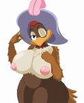  2015 absurd_res anthro areola avian beak big_breasts bird breasts brown_feathers chicken clara_cluck disney ducktits eyelashes feathers female half-closed_eyes hat hi_res nipples one_eye_closed simple_background slightly_chubby solo standing tail_feathers thick_thighs voluptuous white_background 