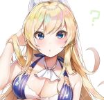  :o ? ascot azur_lane bangs bare_shoulders blonde_hair blue_eyes blush braid breasts cleavage collarbone commentary_request dress eyebrows_visible_through_hair glorious_(azur_lane) hair_between_eyes hand_in_hair headgear highres large_breasts long_hair looking_at_viewer open_mouth sidelocks simple_background solo upper_body very_long_hair white_background yayoichi_(yoruyoru108) 