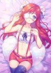  animal_ears bangs bare_arms bare_shoulders blue_eyes blue_legwear blush bra collarbone commission cowboy_shot eyepatch frills long_hair looking_at_viewer lying midriff navel neko-rina on_back on_bed open_mouth original overalls red_hair red_shorts ribbon short_shorts shorts solo suspender_shorts suspenders tail thighhighs underwear 