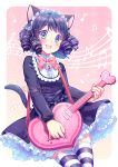  :d animal_ears aqua_eyes bangs bell blue_eyes blue_hair blush bow cat_ears cat_tail cowboy_shot cyan_(show_by_rock!!) dress drill_hair electric_guitar fang frills green_eyes guitar hairband instrument lolita_fashion lolita_hairband long_sleeves multicolored multicolored_eyes neko-rina open_mouth plectrum short_hair show_by_rock!! smile solo tail thighhighs 