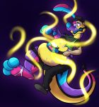  2018 3_toes 4_fingers animate_inanimate anthro blue_nose clothed clothing digital_drawing_(artwork) digital_media_(artwork) english_text fanny_pack firr hi_res human kangaroo magic male mammal marsupial notched_ear open_mouth plushie purple_background simple_background solo stripes- sweat text toes toony torn_clothing transformation zipper 