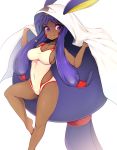  animal_ears blanket breasts cleavage closed_mouth covered_navel dark_skin eyebrows_visible_through_hair facial_mark fate/grand_order fate_(series) highres jackal_ears jewelry long_hair looking_at_viewer medium_breasts medjed necklace nitocris_(fate/grand_order) nitocris_(swimsuit_assassin)_(fate) one-piece_swimsuit purple_eyes purple_hair sidelocks simple_background slugbox smile solo swimsuit very_long_hair white_background white_swimsuit 