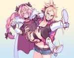  &gt;_&lt; &gt;o&lt; 1girl astolfo_(fate) bandeau belt black_bow black_ribbon blonde_hair bow braid cape carrying closed_eyes commentary commission denim denim_shorts english_commentary fang fate/apocrypha fate_(series) french_braid fur_trim garter_straps gradient gradient_background hair_intakes hair_ornament hair_ribbon hair_scrunchie hand_on_another's_cheek hand_on_another's_face ikiruse jacket kicking long_braid long_hair looking_at_another mordred_(fate) mordred_(fate)_(all) multicolored_hair otoko_no_ko pink_hair ponytail princess_carry pushing pushing_away red_jacket red_scrunchie ribbon scrunchie shorts signature single_braid streaked_hair thighhighs 