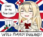  2018_fifa_world_cup =_= blonde_hair braid closed_eyes commentary dress england english english_commentary english_flag flag_background french_braid guin_guin jewelry kantai_collection long_hair long_sleeves necklace off-shoulder_dress off_shoulder red_ribbon ribbon soccer solo tea teabag union_jack united_kingdom warspite_(kantai_collection) world_cup 