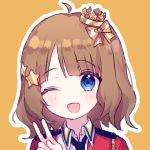 ;d ahoge black_neckwear blue_eyes blush bow brown_hair collared_shirt crown hair_bow hair_ornament hand_up idolmaster idolmaster_million_live! jacket long_hair looking_at_viewer mini_crown one_eye_closed open_clothes open_jacket open_mouth orange_background orange_bow outline portrait poyo_(shwjdddms249) red_jacket shiny_trinity shirt smile solo star star_hair_ornament striped striped_bow suou_momoko tilted_headwear v white_outline white_shirt 