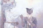  ascot blonde_hair blood bloodborne bound bouquet breasts character_request flower fortisselle gloves hat headless highres lady_maria_of_the_astral_clocktower long_hair looking_down multiple_girls petals the_old_hunters tied_to_chair tricorne 