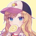  bangs baseball_cap blonde_hair blue_eyes candy covered_mouth eyebrows_visible_through_hair food hair_between_eyes hat holding holding_food holding_lollipop idolmaster idolmaster_cinderella_girls jacket lollipop long_hair looking_at_viewer ootsuki_yui open_clothes open_jacket outline portrait poyo_(shwjdddms249) solo star swirl_lollipop white_jacket white_outline yellow_background 