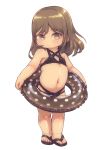 bikini black_bikini brown_eyes brown_hair child closed_mouth commentary feral_lemma flat_chest full_body highres looking_at_viewer navel original polka_dot sandals short_hair simple_background solo standing swimsuit white_background 