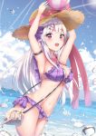  :d animal armpits arms_up azur_lane ball bangs bare_shoulders beachball between_breasts bikini bird blue_sky blunt_bangs blush bow breasts cloud cloudy_sky cowboy_shot cygnet_(azur_lane) day droplet eyebrows_visible_through_hair flower hair_bow hair_ornament hairclip hat hat_bow highres horizon houraku long_hair looking_away medium_breasts navel ocean open_mouth outdoors outstretched_arms pink_bow pink_flower pink_rose plaid plaid_bikini purple_bikini purple_bow purple_eyes rose silver_hair sky smile solo strap_cleavage straw_hat swan swimsuit upper_teeth very_long_hair water water_drop yellow_flower 