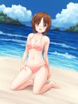  aposine beach bikini blue_sky breasts brown_eyes brown_hair cleavage cloud collarbone day full_body girls_und_panzer highres kneeling looking_at_viewer medium_breasts mountain navel nishizumi_miho ocean open_mouth outdoors pink_bikini sand short_hair side-tie_bikini sky smile solo swimsuit waves 