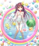  =_= ass_visible_through_thighs ayumu_(ayumumkrg) azuki_(flower_knight_girl) ball beachball cameltoe cat covered_navel flower flower_knight_girl food full_body hair_flower hair_ornament hairband light_blush long_hair looking_at_viewer name_tag orange_eyes popsicle purple_hair red_hairband rubber_duck signature solo swimsuit wading_pool watermelon_bar watermelon_beachball white_swimsuit 