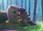  2018 bandage cutie_mark detailed_background duo equine eye_contact eyelashes feathered_wings feathers female feral fluttershy_(mlp) forest friendship_is_magic grass hair hooves mammal my_little_pony nude orange_feathers outside pegasus pink_hair purple_eyes purple_hair raikoh-illust rock scootaloo_(mlp) shadow sitting smile teal_eyes tree wings wounded yellow_feathers young 