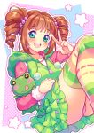  :d aqua_eyes ass bangs blue_eyes blush brown_hair drill_hair feet_out_of_frame frilled_skirt frills frog frog_girl green_skirt hood hoodie idol idolmaster idolmaster_(classic) jacket jumping long_sleeves looking_at_viewer multicolored multicolored_clothes multicolored_legwear neko-rina open_mouth panties pantyshot pastel_colors short_hair skirt smile star starry_background striped striped_legwear stuffed_animal stuffed_frog stuffed_toy takatsuki_yayoi thighhighs twin_drills twintails underwear v 