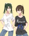  batabata0015 brown_hair casual clothes_writing commentary final_fantasy green_hair hair_ribbon highres kaga_(kantai_collection) kantai_collection long_hair multiple_girls pants pun ribbon saga shirt side_ponytail t-shirt title_parody twintails zuikaku_(kantai_collection) 