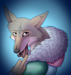  2018 anthro canine clothed clothing coyote digital_drawing_(artwork) digital_media_(artwork) fur hair looking_at_viewer male mammal open_mouth plushkinn portrait simple_background smile solo tattoo teeth tongue tongue_out 