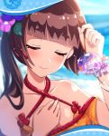  artist_request azusa_yumi_(phantom_of_the_kill) bangs bead_bracelet beads blush bracelet brown_hair closed_eyes eyebrows_visible_through_hair flower framed_image hair_flower hair_ornament hand_on_own_chest highres holding jewelry long_hair official_art phantom_of_the_kill side_ponytail smile wind_chime 