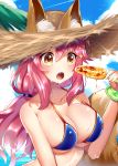  absurdres animal_ear_fluff animal_ears bangs bare_shoulders bikini blue_bikini blue_sky blush breasts brown_eyes cleavage cloud cloudy_sky collarbone commentary day ears_through_headwear eyebrows_visible_through_hair fang fate/grand_order fate_(series) fingernails food fox_ears fox_girl fox_tail hair_between_eyes hand_up hat highres holding holding_food horizon kisaragi_saki large_breasts long_hair ocean open_mouth outdoors pink_hair sky solo straw_hat swimsuit tail tamamo_(fate)_(all) tamamo_no_mae_(swimsuit_lancer)_(fate) water wet 