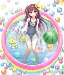  =_= ass_visible_through_thighs ayumu_(ayumumkrg) azuki_(flower_knight_girl) ball beachball blue_swimsuit cameltoe cat covered_navel flower flower_knight_girl food full_body hair_flower hair_ornament hairband light_blush long_hair looking_at_viewer name_tag orange_eyes popsicle purple_hair red_hairband rubber_duck signature solo swimsuit wading_pool watermelon_beachball 