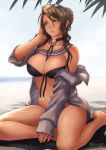  alternate_costume bangs beach between_breasts bikini blue_sky blurry blurry_background blush braid breasts brown_hair choker collarbone commentary crown_braid day eyewear_on_head finalcake girls_frontline green_eyes hair_ornament hand_on_own_head large_breasts lee-enfield_(girls_frontline) long_hair long_sleeves navel ocean off_shoulder outdoors sand sash shade shirt sidelocks signature sitting sky sleeves_past_wrists solo stomach sunglasses swimsuit thighs wet 