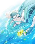  aqua_eyes aqua_hair chiyoganemaru closed_mouth dutch_angle fingerless_gloves flower gloves hand_to_own_mouth japanese_clothes long_hair looking_at_viewer lying male_focus on_back shallow_water signature smile solo suzuka_nene touken_ranbu water 