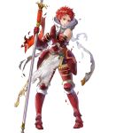  armor armored_boots bare_shoulders boots broken_armor fire_emblem fire_emblem:_kakusei fire_emblem_heroes full_body gauntlets highres holding holding_weapon lance mayo_(becky2006) official_art pelvic_curtain polearm red_armor red_eyes red_hair short_hair soiree solo standing transparent_background weapon 