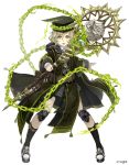  :o absurdres belt blonde_hair chain coat full_body green_eyes grin hat highres holding holding_staff ji_no knee_pads long_nose looking_at_viewer male_focus mortarboard official_art pale_skin pigeon-toed pinocchio_(sinoalice) shoes simple_background sinoalice smile sneakers solo sqex staff white_background 