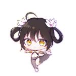  &gt;:) ahoge bangs bare_shoulders barefoot black_hair blush bow chibi closed_mouth copyright_request earrings eyebrows_visible_through_hair full_body hair_between_eyes hair_bow hair_rings holding hoop_earrings jewelry looking_at_viewer lowres navel outstretched_arms poyo_(shwjdddms249) revealing_clothes see-through smile solo spread_arms standing standing_on_one_leg transparent_background v-shaped_eyebrows white_bow yellow_eyes 