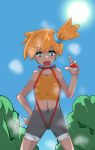  1girl aqua_eyes areola_slip areolae bare_shoulders blue_sky blush bodypaint breasts collarbone day female hair_tie hand_on_hip hand_up heart heart-shaped_pupils holding holding_poke_ball kasumi_(pokemon) legs_apart looking_at_viewer navel open_mouth orange_hair outdoors painted-clothes poke_ball poke_ball_(generic) pokemon pokemon_(anime) pokemon_(classic_anime) red_swimsuit shiny shiny_hair shiny_skin short_hair side_ponytail sky slingshot_swimsuit small_breasts smile solo standing steam steaming_body sun sweat swimsuit symbol-shaped_pupils t=k tied_hair tree 