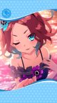  artist_request blush caduceus_(phantom_of_the_kill) flower framed_image hair_flower hair_ornament hand_on_own_chest heterochromia highres holding_hands official_art one_eye_closed open_mouth phantom_of_the_kill sunset swimsuit water 