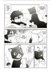  2018 bestiality black_fur blush cat clothing dialogue duo english_text feline feral fur hair human joker_(persona) mammal megami_tensai megami_tensei morgana_(persona) penis persona persona_5 rubbing text unknown_artist 