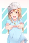  aqua_background bandaid bangs baseball_cap blue_shirt blush brown_eyes brown_hair character_name commentary cowboy_shot eyebrows_visible_through_hair hair_between_eyes hat hataraku_saibou holding long_hair looking_at_viewer open_mouth platelet_(hataraku_saibou) shirt short_sleeves shuuzo3 solo t-shirt teeth twitter_username two-tone_background whistle whistle_around_neck white_background white_hat 