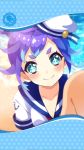  artist_request blue_eyes blue_hair blush breasts cleavage framed_image highres looking_at_viewer official_art phantom_of_the_kill sand smile swimsuit symbol-shaped_pupils ukonvasara_(phantom_of_the_kill) water 