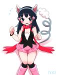  animal_ears black_legwear black_shirt blue_eyes blue_hair cat_day cat_ears cat_tail commentary_request cosplay curled_tail dated flying_sweatdrops glameow glameow_(cosplay) hair_ornament highres hikari_(pokemon) kneehighs long_hair miniskirt pink_footwear pink_skirt pokemon pokemon_(game) pokemon_dppt sawarabi_(sawarabi725) shirt sidelocks simple_background skirt sleeveless solo tail 