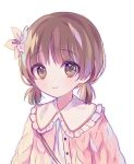  bangs blush brown_eyes brown_hair closed_mouth copyright_request eyebrows_visible_through_hair flower frilled_shirt_collar frills hair_flower hair_ornament jacket low_twintails pink_jacket poyo_(shwjdddms249) shirt short_twintails simple_background smile solo twintails white_background white_flower white_shirt 