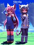  2girls animal_ears cat_ears cat_tail chocolat_gelato copyright_name dog_ears dog_tail earrings elh_melizee facial_mark fang female furry goggles goggles_on_head jewelry long_hair lyc multiple_girls open_mouth outdoors pink_hair short_hair solatorobo tail thumbs_up 