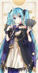  1girl aqua_eyes aqua_hair blue_legwear book bracelet card collar dress earrings hair_between_eyes hatsune_miku highres jewelry long_hair looking_at_viewer nail_polish pantyhose scrunchie sidelocks smile solo tama_(songe) tarot twintails very_long_hair vocaloid 