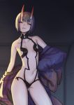  ass_visible_through_thighs backlighting bare_shoulders bob_cut breasts collarbone contrapposto cowboy_shot emoto_reishi fate/grand_order fate_(series) half-closed_eyes highres horns indoors japanese_clothes looking_at_viewer looking_down navel oni_horns purple_hair revealing_clothes revision short_hair shuten_douji_(fate/grand_order) skin_tight small_breasts smirk solo standing thick_eyebrows 