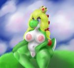  2018 5_fingers absurd_res anthro areola big_butt blonde_hair blue_eyes breasts butt casual_nudity cloud crown digital_media_(artwork) dinosaur dragondrem exposed eyelashes female front_view grass green_body green_skin green_yoshi hair hair_tie half-closed_eyes hi_res long_hair makeup mario_bros mostly_nude multicolored_scales multicolored_skin navel nintendo nipples nude pink_nipples pussy royalty scales scalie shell short_tail signature sitting smile solo thick_thighs two_tone_scales two_tone_skin video_games voluptuous white_skin wide_hips yoshi 