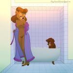  2018 5_fingers absurd_res age_difference anthro areola bathroom bathtub bear black_nose breasts brown_hair clothing disney duo featureless_crotch female hair half-closed_eyes hi_res kit_cloudkicker larger_female long_hair male mammal mature_female navel nipples older_female open_robe pubes rebecca_cunningham rebecca_rains robe size_difference smaller_male smile standing talespin undressing young younger_male 
