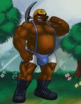  animal_crossing anthro barazoku boots bulge clothed clothing digital_media_(artwork) flower footwear male mr._resetti musclegut muscular muscular_male navel nintendo pecs pickaxe plant smile solo standing steven_ciervyena tight_clothing tree video_games whiskers 