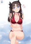  arm_support arms_behind_back bangs bikini blue_eyes breasts brown_hair cleavage cloud cloudy_sky collarbone commentary_request crossed_legs emiya-san_chi_no_kyou_no_gohan eyebrows_visible_through_hair fate/stay_night fate_(series) hair_ribbon halterneck large_breasts looking_to_the_side murio navel red_bikini ribbon sitting sky smile solo swimsuit toosaka_rin two_side_up 