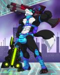  2018 4_toes 5_fingers abs anthro biceps black_fur black_hair black_nose black_skin bulge canine clothing eyewear fur future glasses gloves hair hand_behind_head harness holding_object holding_weapon hungothenomster low-angle_view male mammal multicolored_fur multicolored_skin muscular muscular_male muscular_thighs nipples penis_outline plantigrade pose seiji_(hungothenomster) solo standing starbound tight_underwear toes two_tone_fur two_tone_skin underwear video_games weapon white_fur white_skin wolf 
