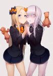  abigail_williams_(fate/grand_order) bags_under_eyes bangs banned_artist black_bow black_jacket black_neckwear blonde_hair blue_eyes blue_skirt blush bow bowtie buttons closed_mouth commentary_request fate/grand_order fate_(series) forehead grey_hair hair_bow holding_hands horn interlocked_fingers jacket kyoeiki lavinia_whateley_(fate/grand_order) long_hair looking_at_viewer multiple_girls open_mouth orange_bow orange_neckwear pale_skin parted_bangs polka_dot polka_dot_bow purple_eyes school_uniform simple_background skirt stuffed_animal stuffed_toy teddy_bear thighs wide-eyed 